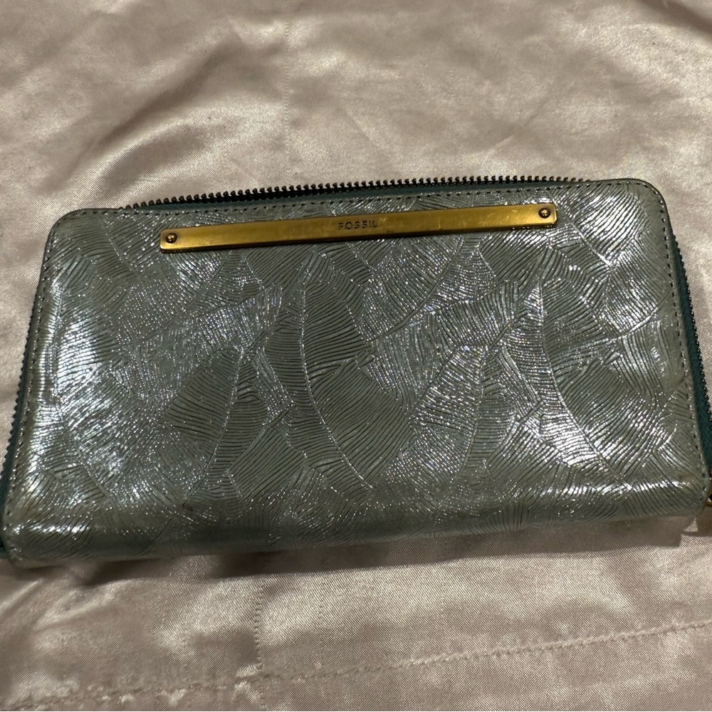 Fossil Metallic Green Wallet with Gold Accents